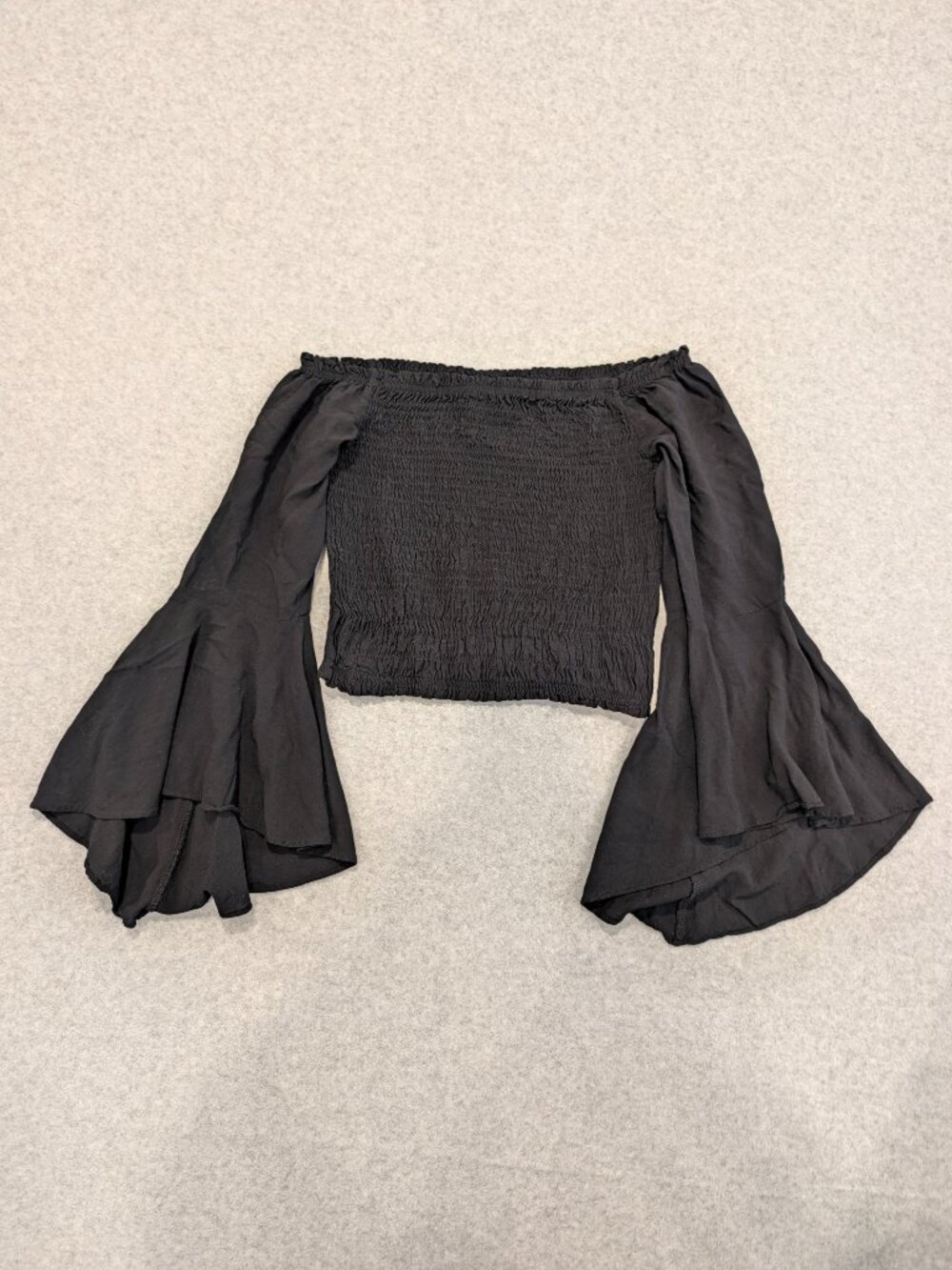 Y2K Black Ruched Bell Sleeve Off Shoulder Crop Top L Whimsigoth Romantic Witchy